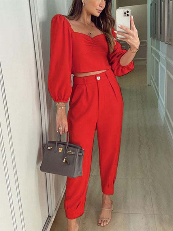 Square collar top high waist trousers two-piece set - Serenity Land fashion