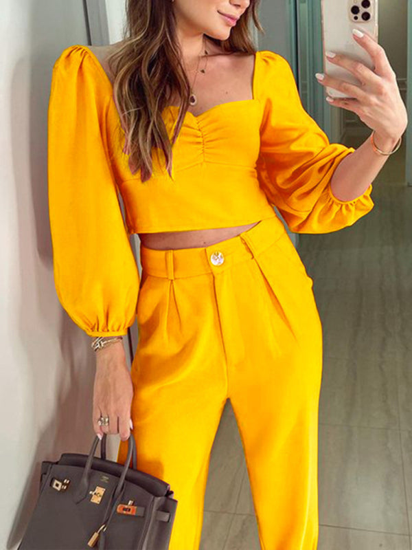 Square collar top high waist trousers two-piece set - Serenity Land fashion