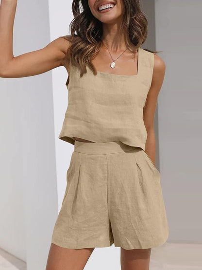 Cotton & Linen blend Sleeveless Square Neck Top + Shorts