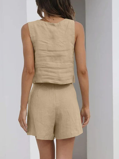 Cotton & Linen blend Sleeveless Square Neck Top + Shorts