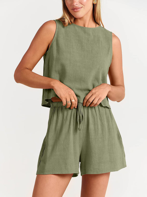 Women's sleeveless loose cotton  linen blend,top with shorts