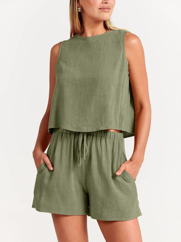Women's sleeveless loose cotton  linen blend,top with shorts