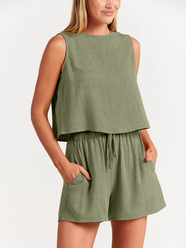 Women's sleeveless loose cotton  linen blend,top with shorts