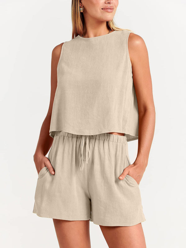 Women's sleeveless loose cotton  linen blend,top with shorts