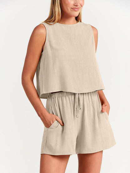 Women's sleeveless loose cotton  linen blend,top with shorts