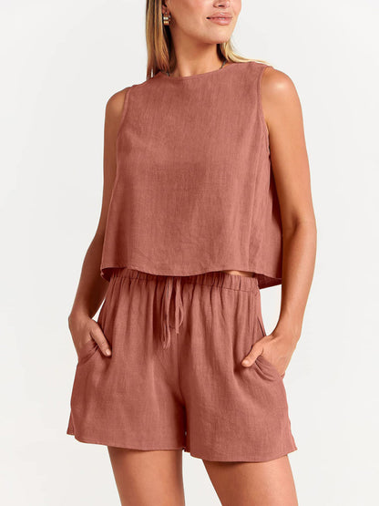 Women's sleeveless loose cotton  linen blend,top with shorts
