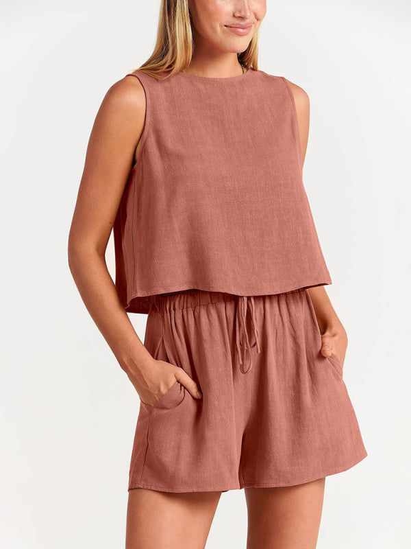 Women's sleeveless loose cotton  linen blend,top with shorts
