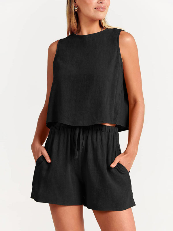 Women's sleeveless loose cotton  linen blend,top with shorts