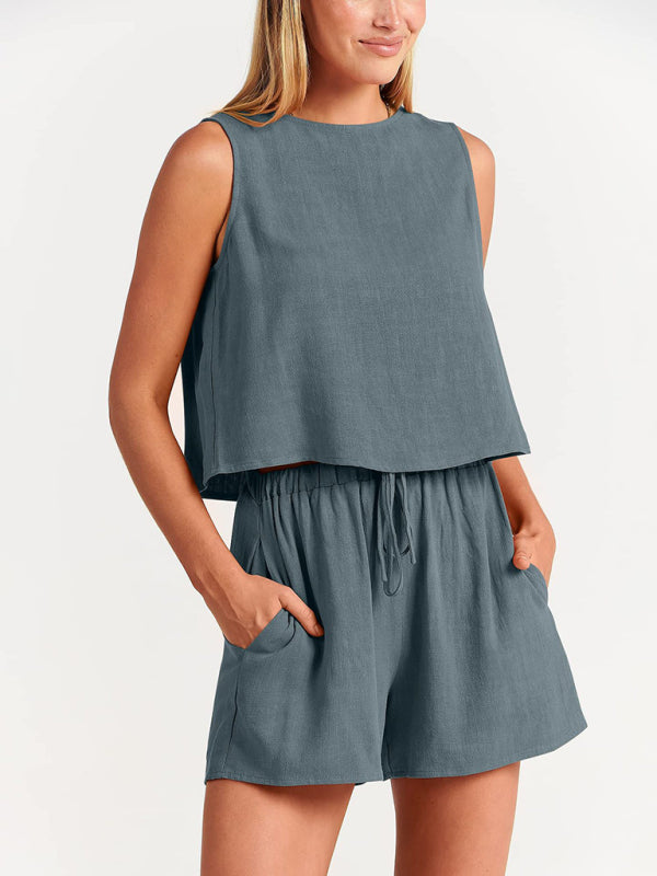 Women's sleeveless loose cotton  linen blend,top with shorts