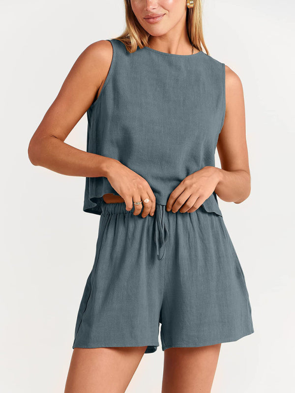 Women's sleeveless loose cotton  linen blend,top with shorts