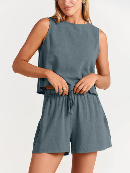 Women's sleeveless loose cotton  linen blend,top with shorts