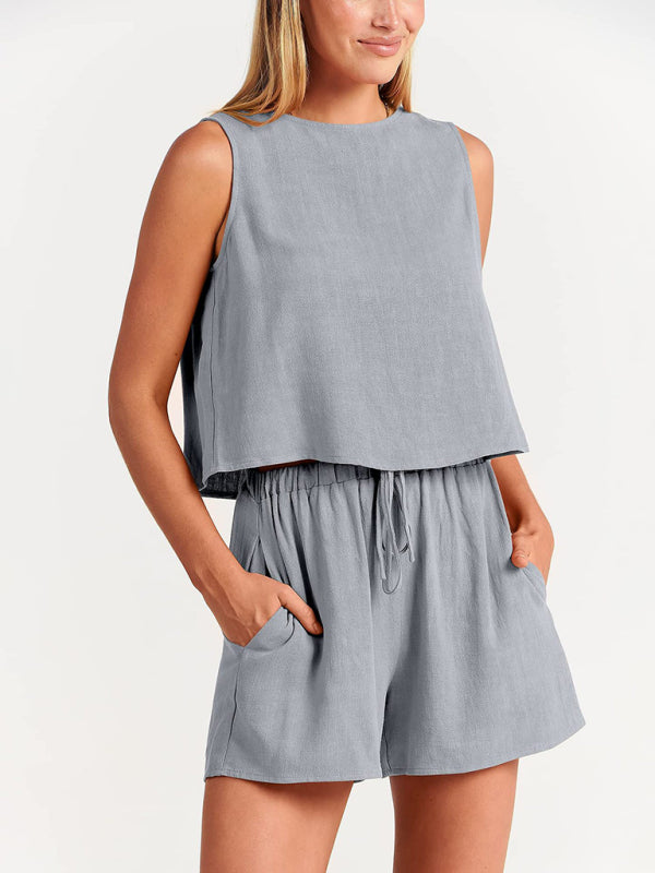 Women's sleeveless loose cotton  linen blend,top with shorts