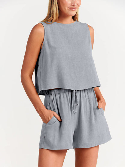 Women's sleeveless loose cotton  linen blend,top with shorts
