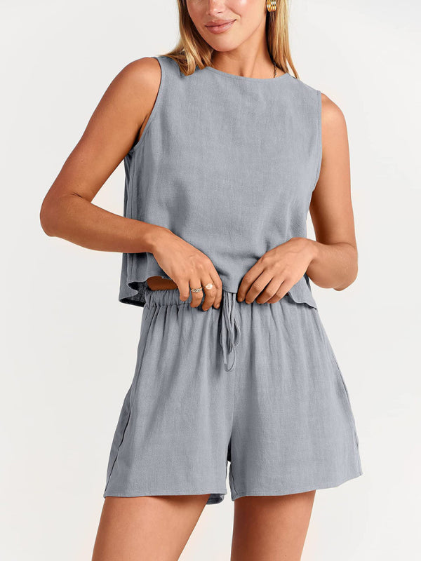 Women's sleeveless loose cotton  linen blend,top with shorts
