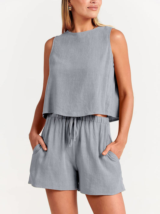 Women's sleeveless loose cotton  linen blend,top with shorts