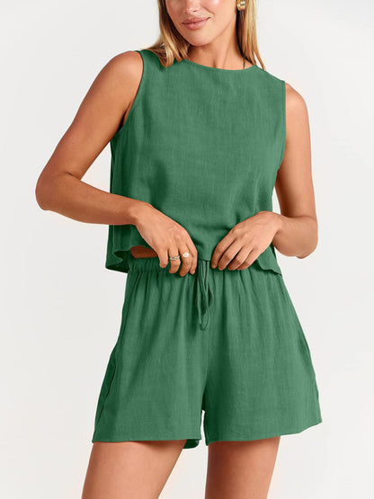 Women's sleeveless loose cotton  linen blend,top with shorts