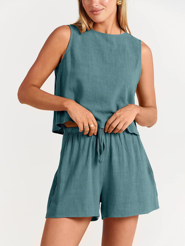 Women's sleeveless loose cotton  linen blend,top with shorts