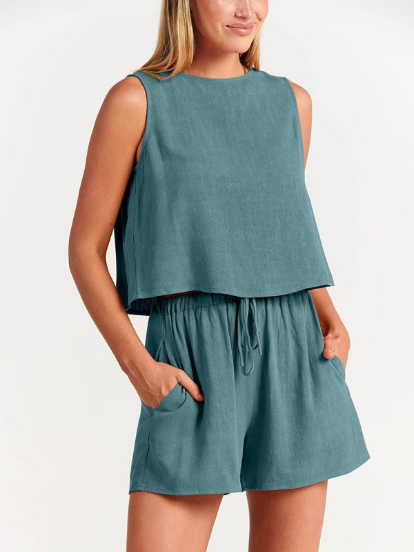 Women's sleeveless loose cotton  linen blend,top with shorts