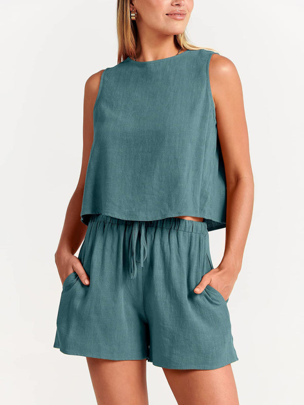 Women's sleeveless loose cotton  linen blend,top with shorts