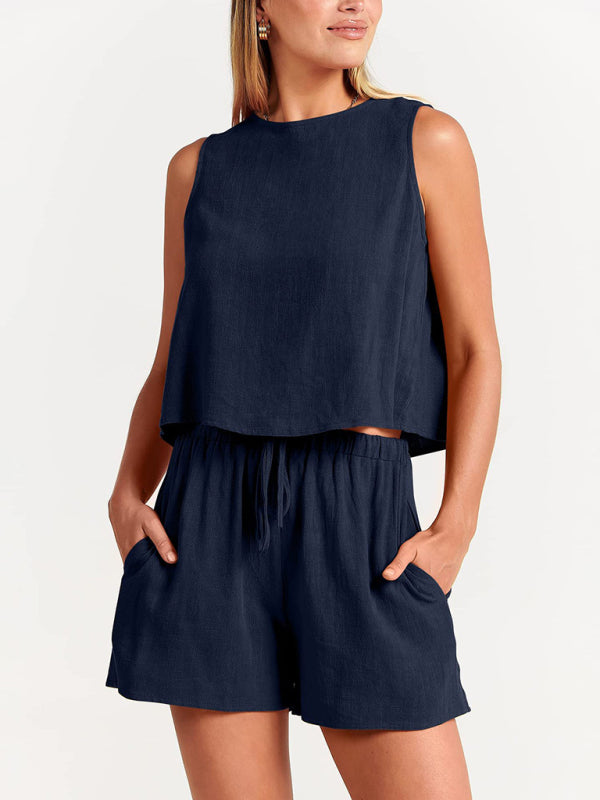 Women's sleeveless loose cotton  linen blend,top with shorts