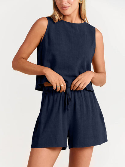 Women's sleeveless loose cotton  linen blend,top with shorts