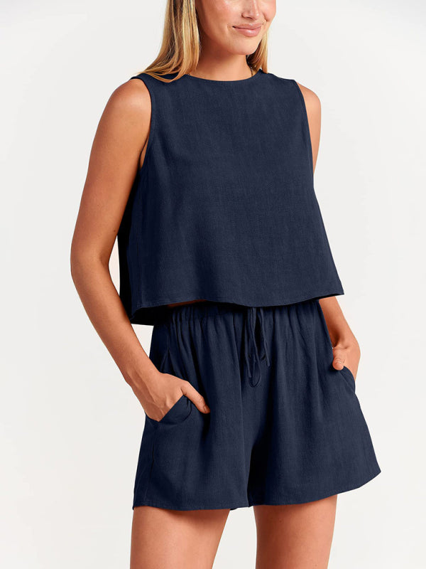 Women's sleeveless loose cotton  linen blend,top with shorts