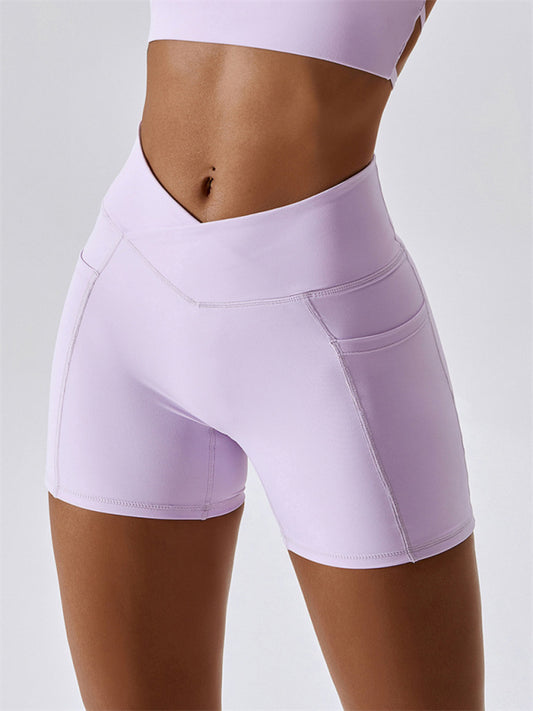 Naked Hip Pocket Crossover Waist Leggings Sports Shorts - Serenity Land fashion
