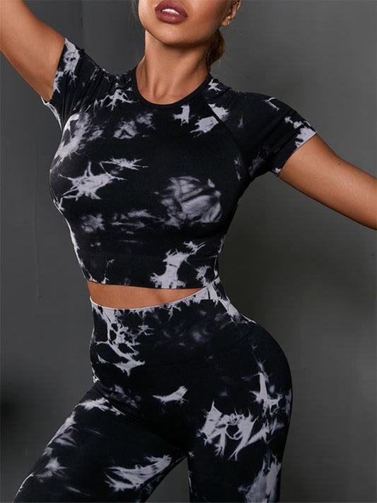 Seamless tie-dye short-sleeved + trousers two-piece yoga set - Serenity Land fashion