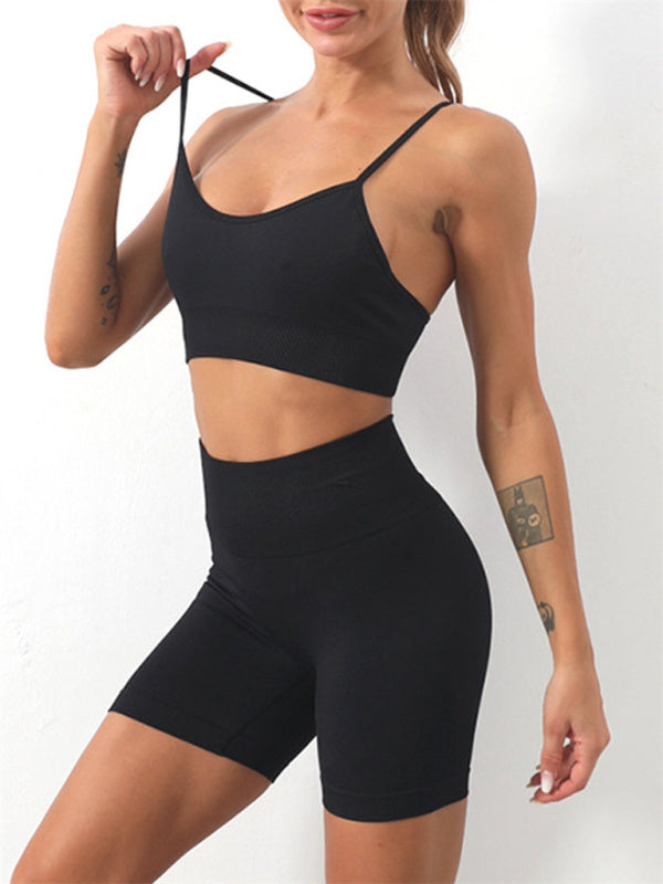 Solid Color Seamless Camisole Yoga Sports Bra + Shorts Two-Piece Set - Serenity Land fashion