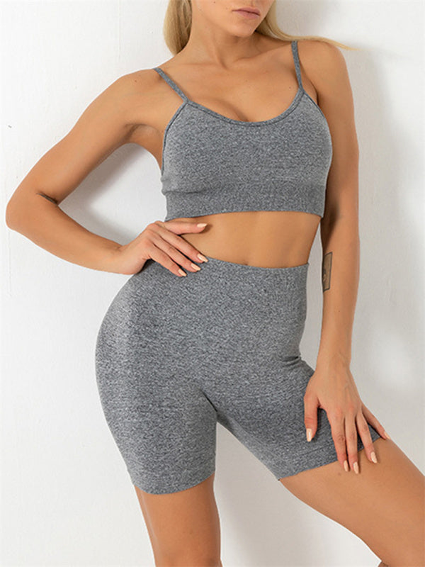 Solid Color Seamless Camisole Yoga Sports Bra + Shorts Two-Piece Set - Serenity Land fashion