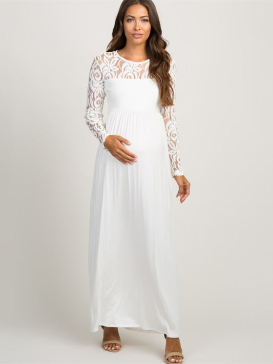 Lace Adorned Neckline Long Sleeve Maxi Maternity Dress - Serenity Land fashion
