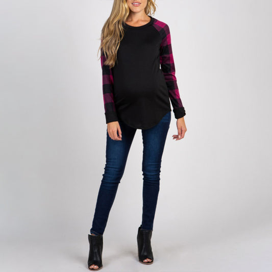 Women’s Combo Color Plaid Print Sleeve Crew Neck Maternity Top - Serenity Land fashion