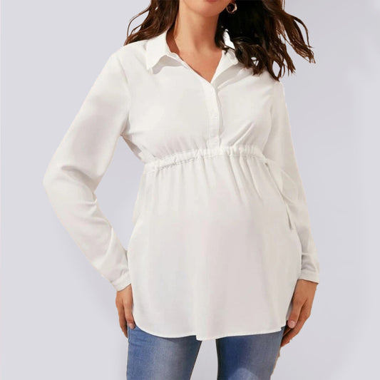 Maternity solid color lapel drawstring long sleeve shirt - Serenity Land fashion