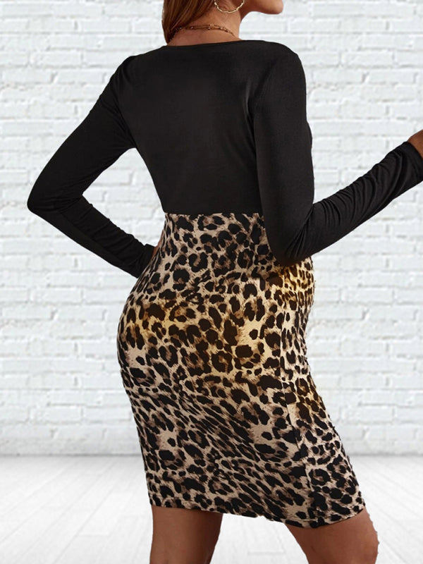 Maternity round neck leopard pattern ong-sleeved dress - Serenity Land fashion
