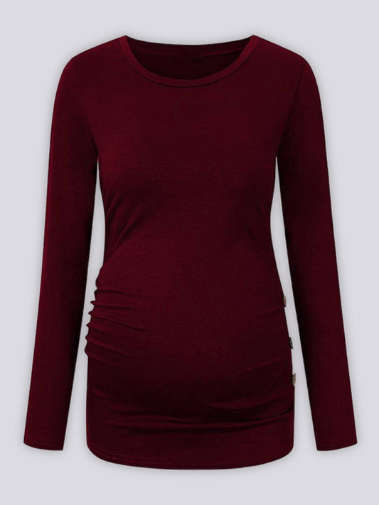 Maternity round neck button long sleeve pleated T-shirt - Serenity Land fashion