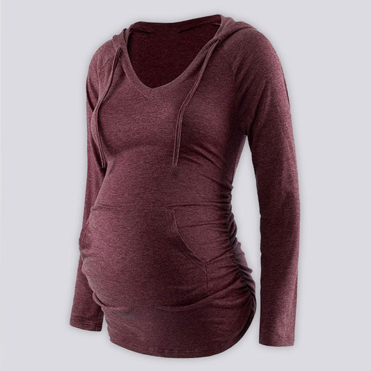 Maternity solid color hooded pocket long-sleeved T-shirt - Serenity Land fashion