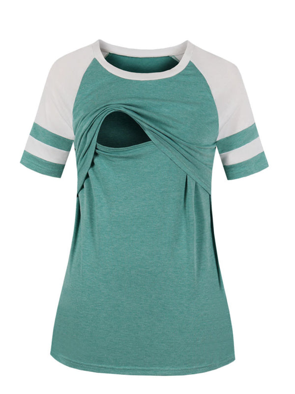 Maternity Round Neck Short Sleeve Nursing T-Shirt - Serenity Land fashion