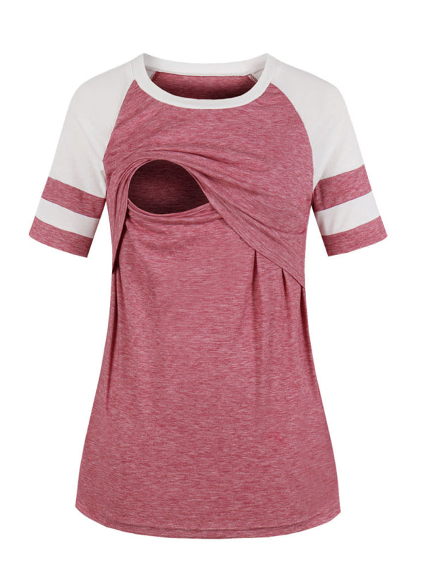 Maternity Round Neck Short Sleeve Nursing T-Shirt - Serenity Land fashion
