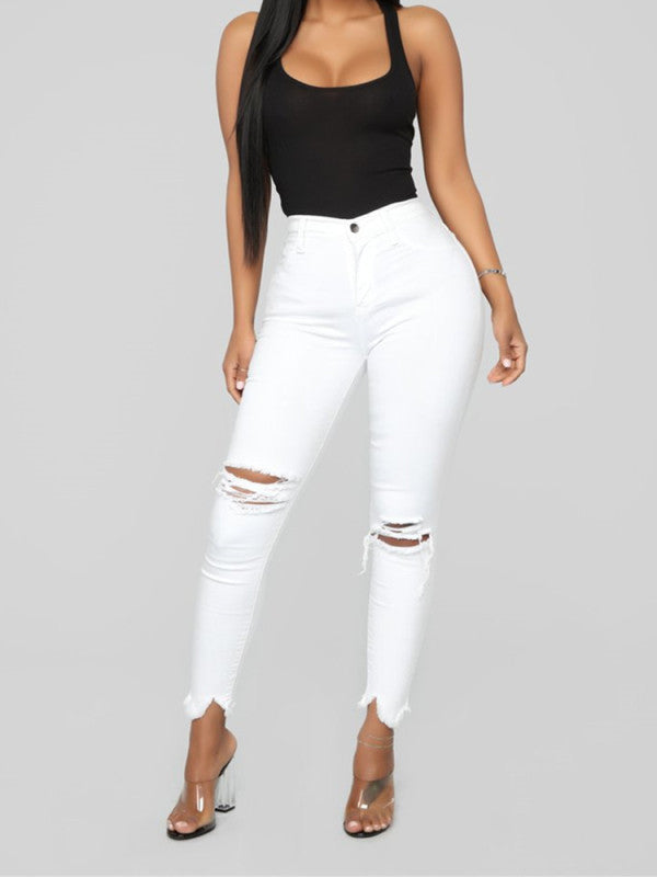 High Waist Chew Hem Ripped Ankle  Jeans - Serenity Land fashion