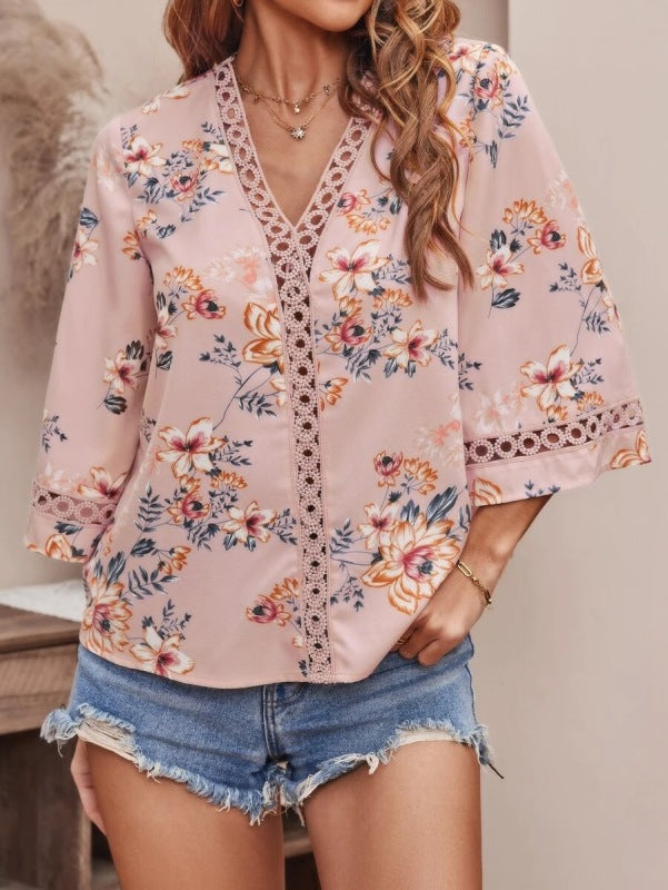 V-neck printed patchwork lace flared sleeve top - Serenity Land fashion