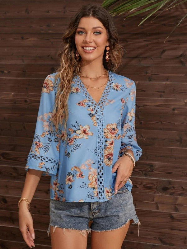 V-neck printed patchwork lace flared sleeve top - Serenity Land fashion