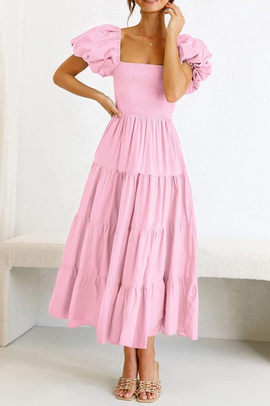 Square Neck Backless Puff Sleeve Pleated Dress - Serenity Land fashion