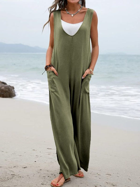 Solid color patch pocket  jumpsuit with wide leg - Serenity Land fashion